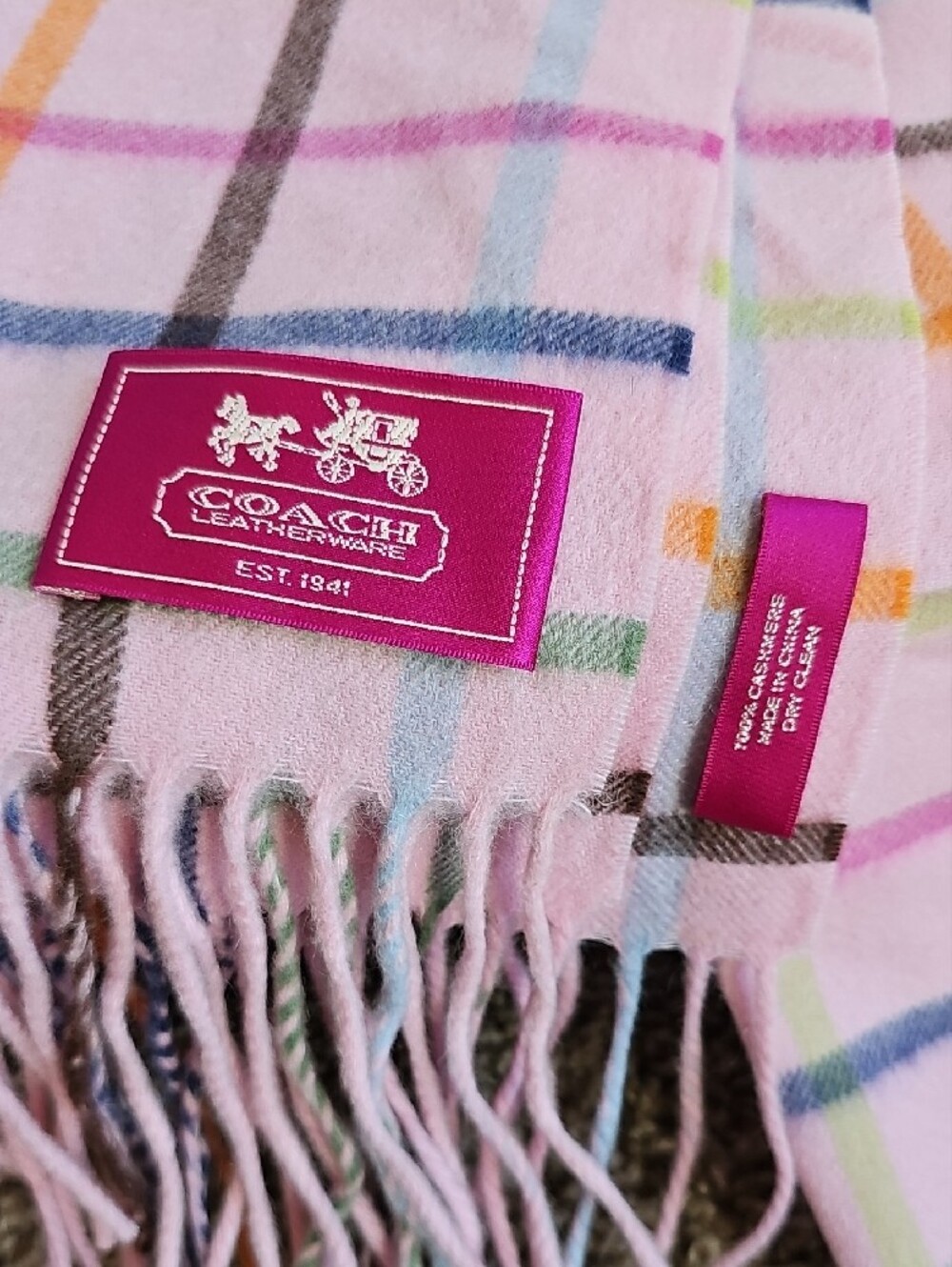 COACH Pink Tattersall Plaid 100% Cashmere Fringed Scarf | NWOT - Picture 4 of 7